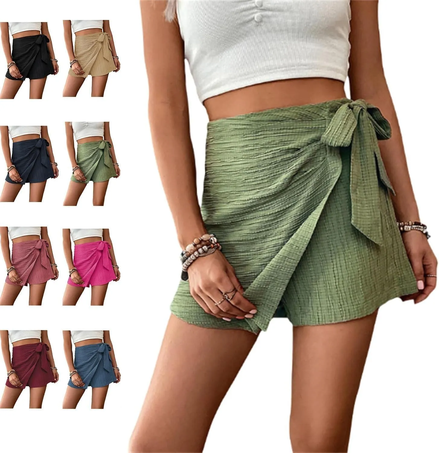 Women's Asymmetric Solid Color Self-Tie Mini Skirt Beach OutfitsKnot High Waist Belted SkortsFashion Beach Skirt
