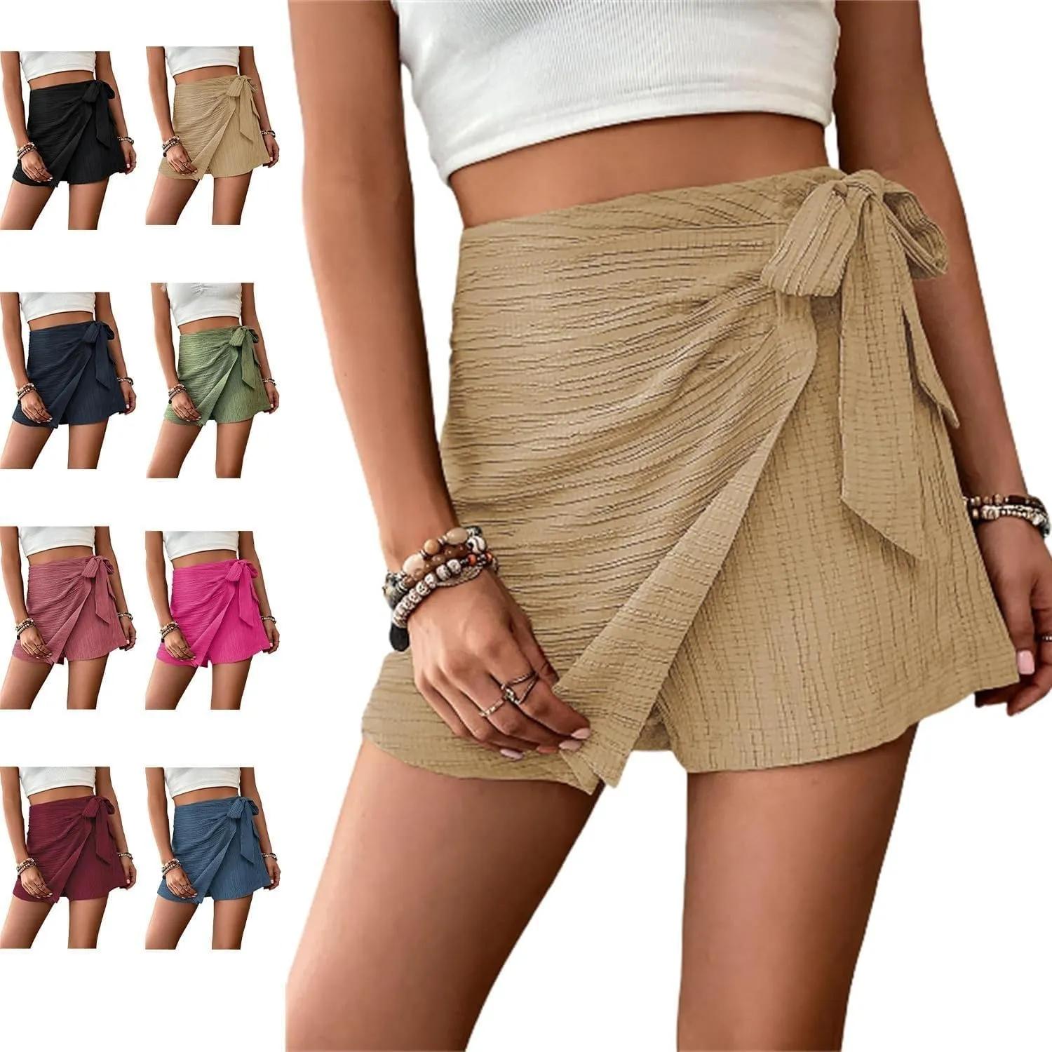 Women's Asymmetric Solid Color Self-Tie Mini Skirt Beach OutfitsKnot High Waist Belted SkortsFashion Beach Skirt