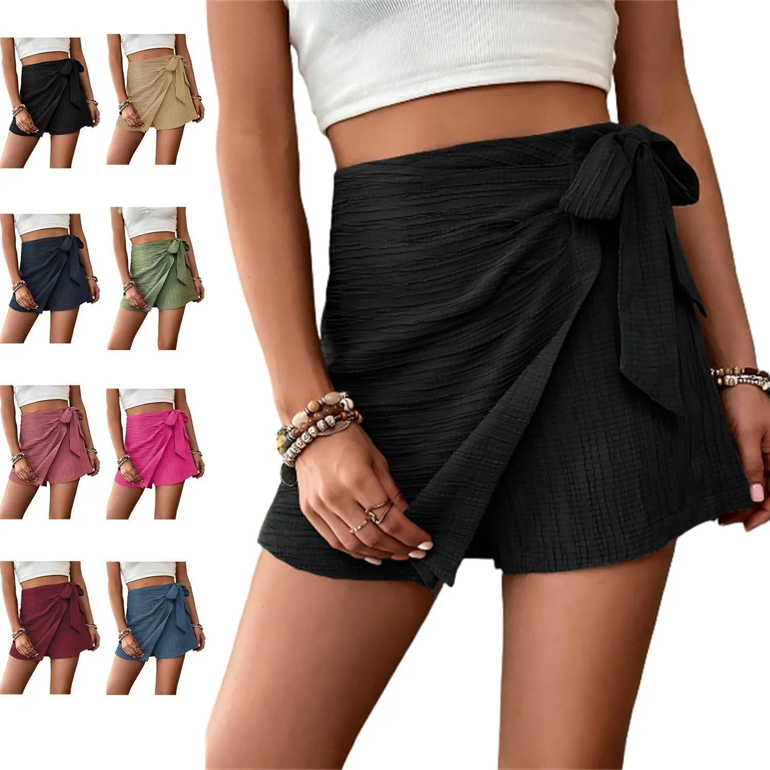 Women's Asymmetric Solid Color Self-Tie Mini Skirt Beach OutfitsKnot High Waist Belted SkortsFashion Beach Skirt