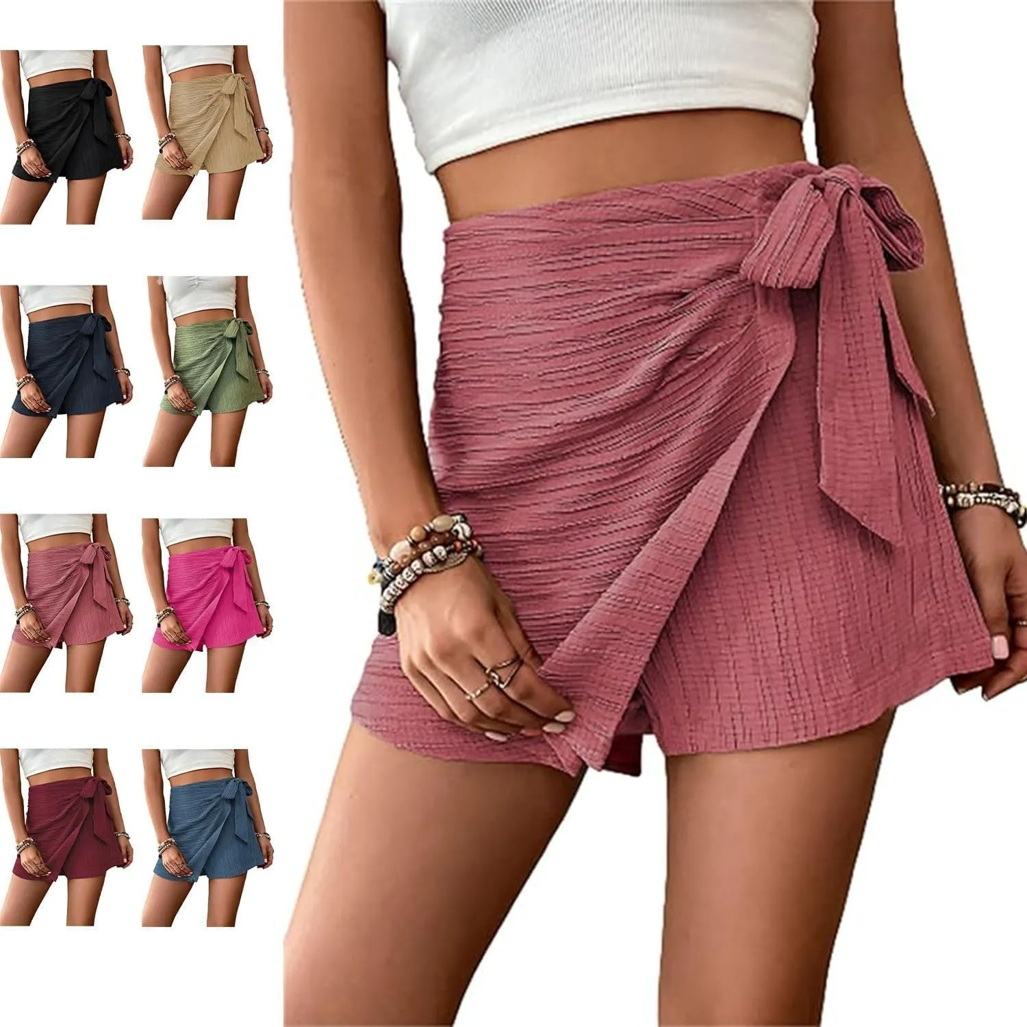 Women's Asymmetric Solid Color Self-Tie Mini Skirt Beach OutfitsKnot High Waist Belted SkortsFashion Beach Skirt