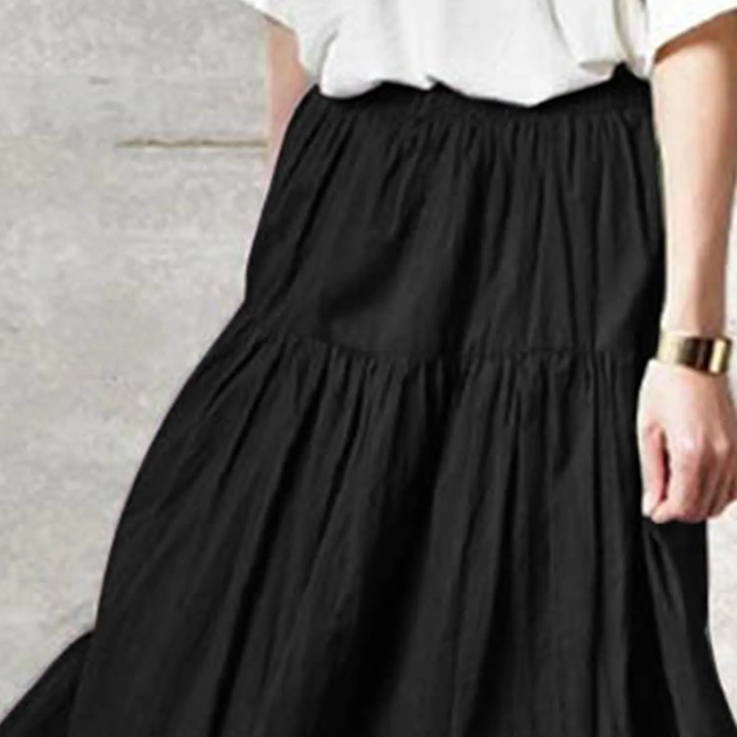 Women??S Boho Elastic High Waist Maxi Skirts Pleated A-Line Flowy Swing Skirt Asymmetric Tiered Maxi Long Skirt Dress