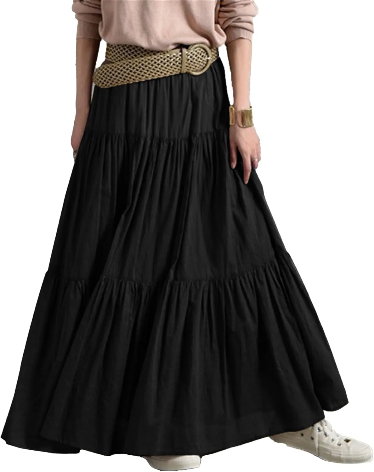 Women??S Boho Elastic High Waist Maxi Skirts Pleated A-Line Flowy Swing Skirt Asymmetric Tiered Maxi Long Skirt Dress