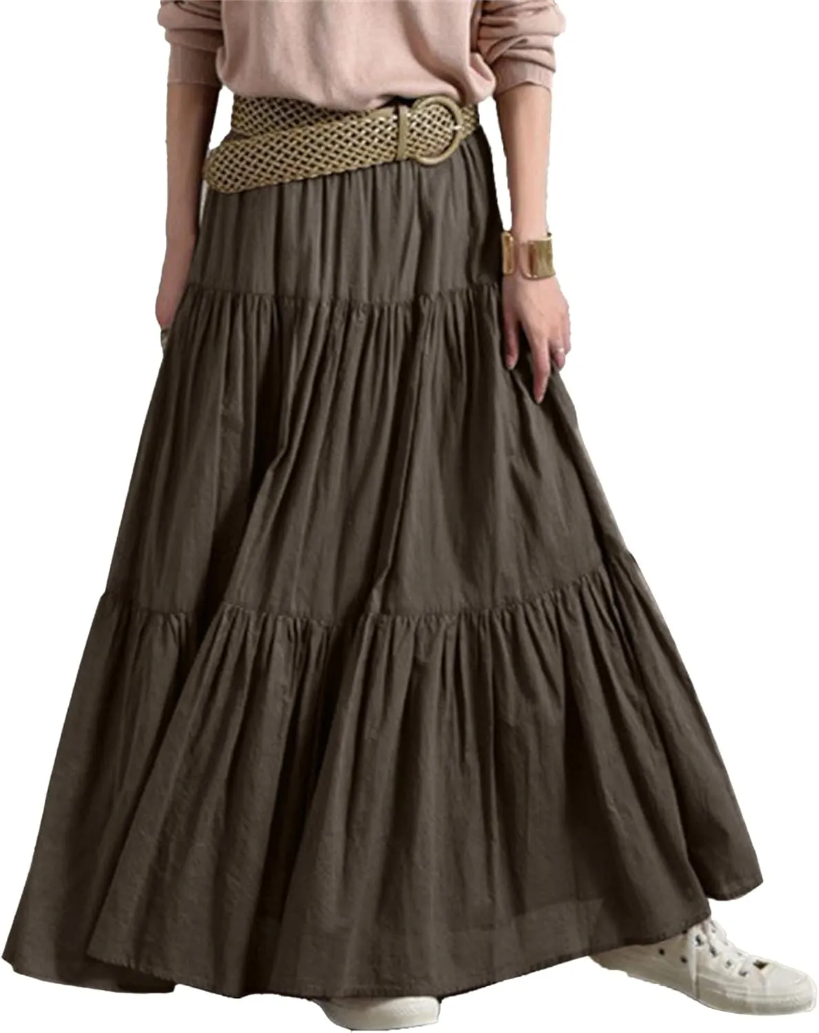 Women??S Boho Elastic High Waist Maxi Skirts Pleated A-Line Flowy Swing Skirt Asymmetric Tiered Maxi Long Skirt Dress