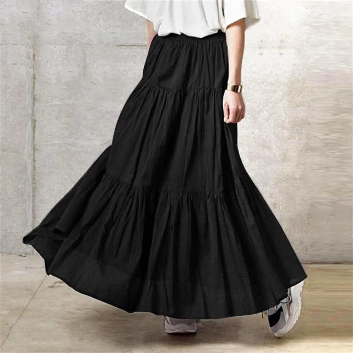 Women??S Boho Elastic High Waist Maxi Skirts Pleated A-Line Flowy Swing Skirt Asymmetric Tiered Maxi Long Skirt Dress