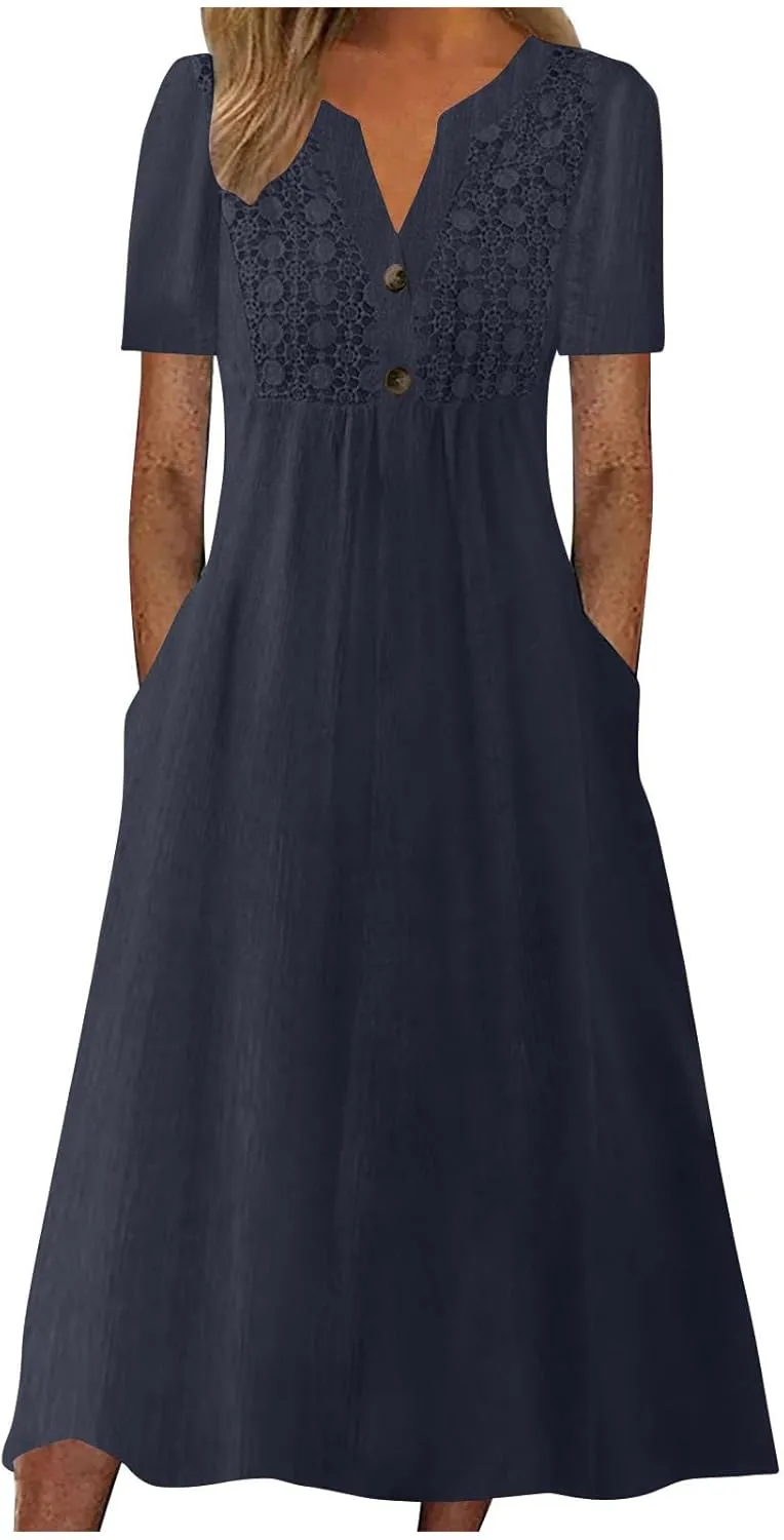 Women's Boho Floral Flowy A Line Midi Dress Casual Loose Summer Short Sleeve Beach Vacation Dresses with Pockets, XX-Large, Zc-navy