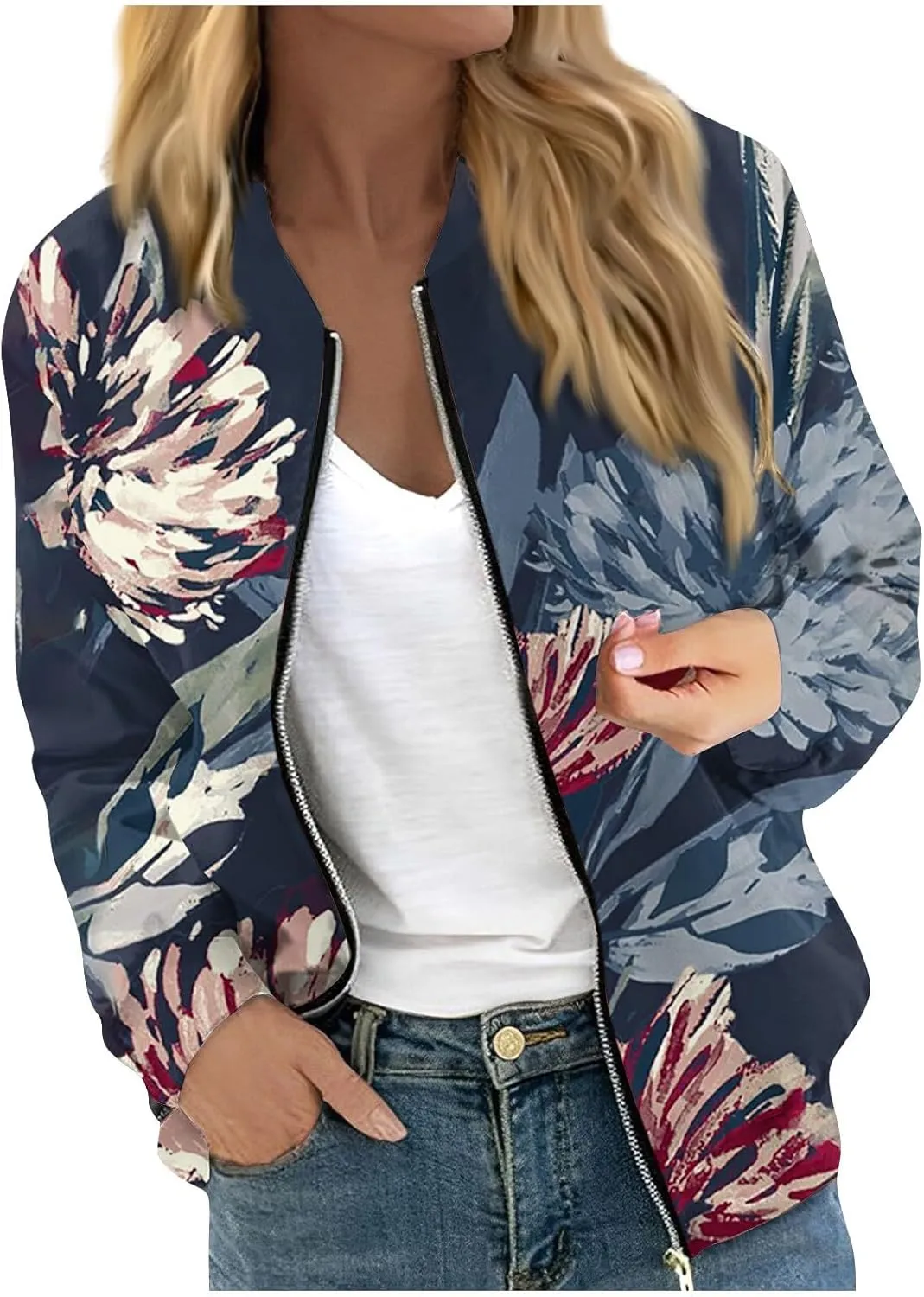 Women's Cropped Bomber Jacket Fashion 2024 Fall Casual Long Sleeve Coat Oversized Short Windbreaker Outerwear