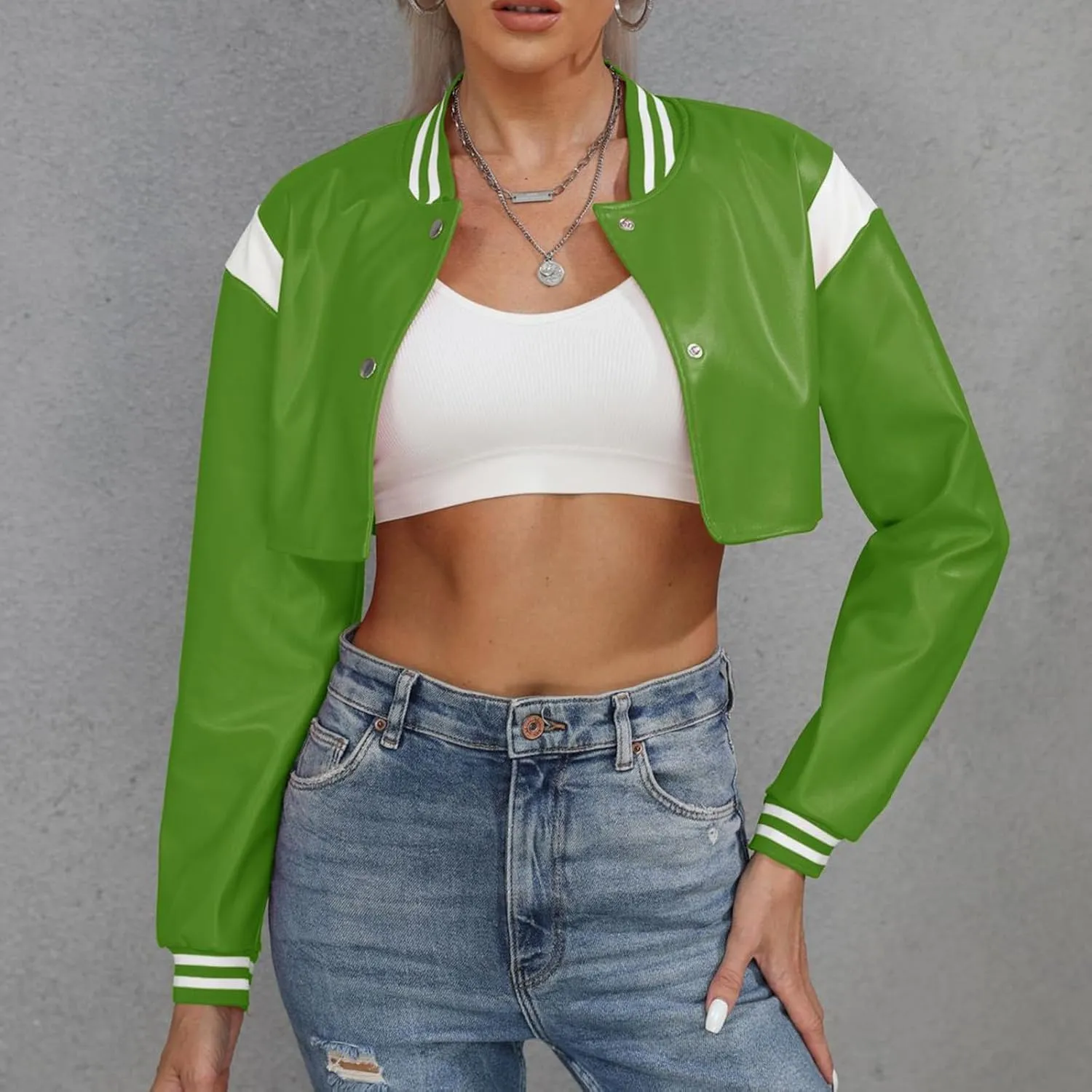 Women's Cropped Faux Leather Jackets Short Bomber Motorcycle Coats Colorblock Crop Moto Biker Jacket Trendy Clothes
