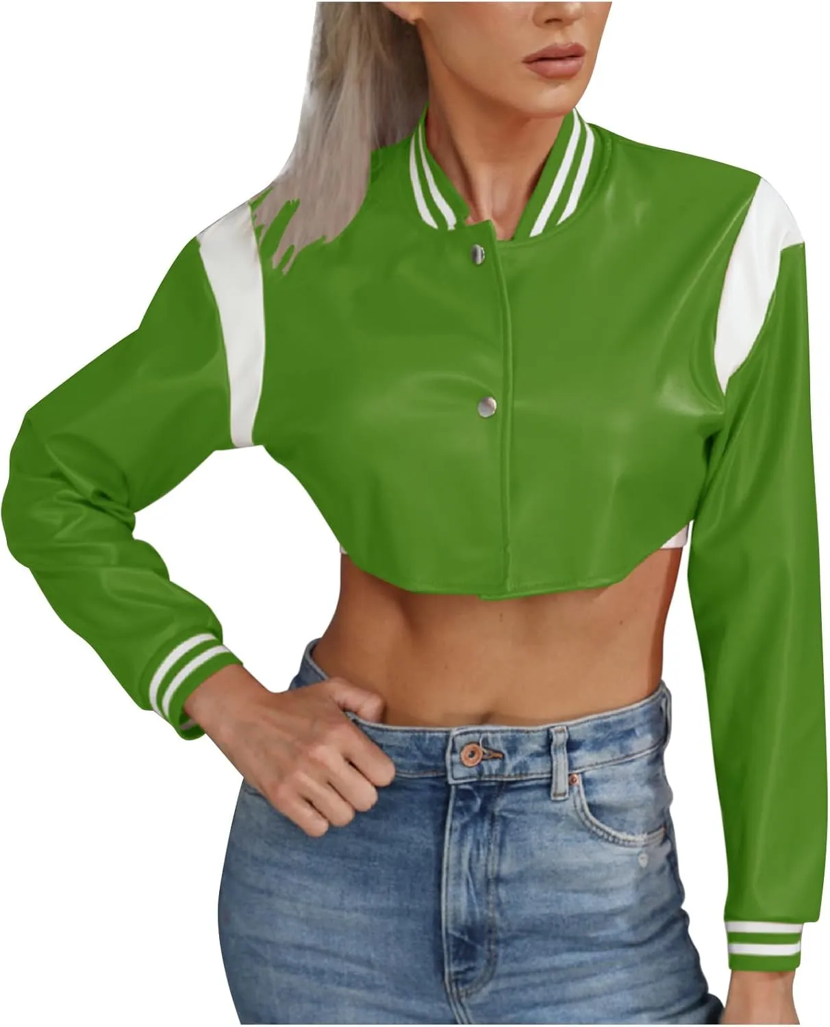 Women's Cropped Faux Leather Jackets Short Bomber Motorcycle Coats Colorblock Crop Moto Biker Jacket Trendy Clothes