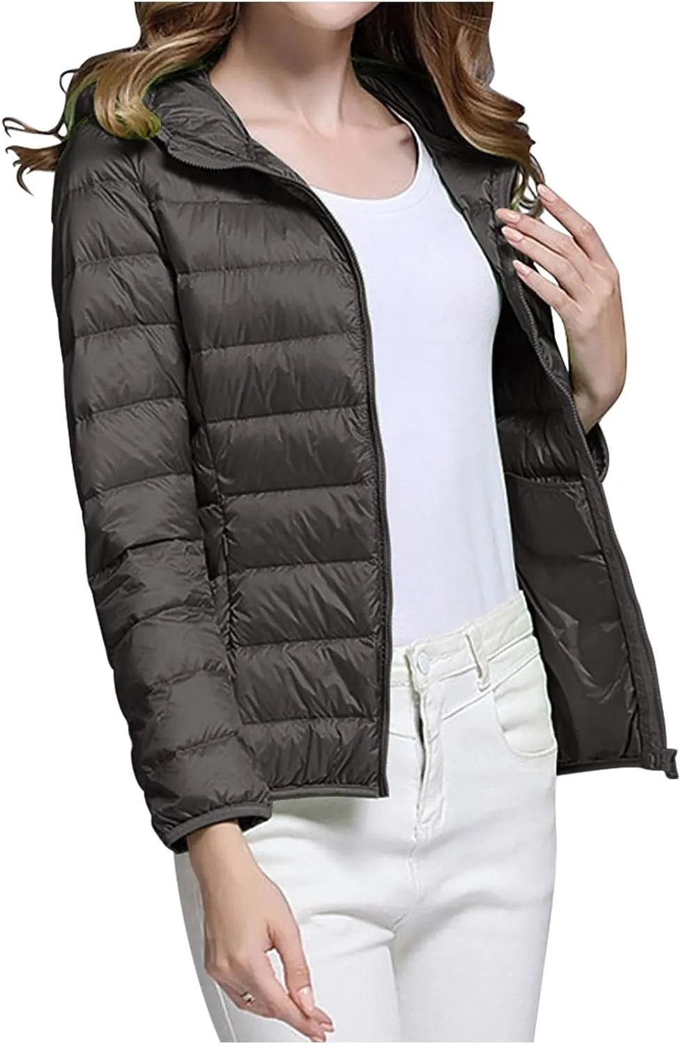Women's Down Jacket Winter Warm Snow Coat Fashion Solid Color Long Sleeves Zipper Lightweight Cotton Parkas Jacket