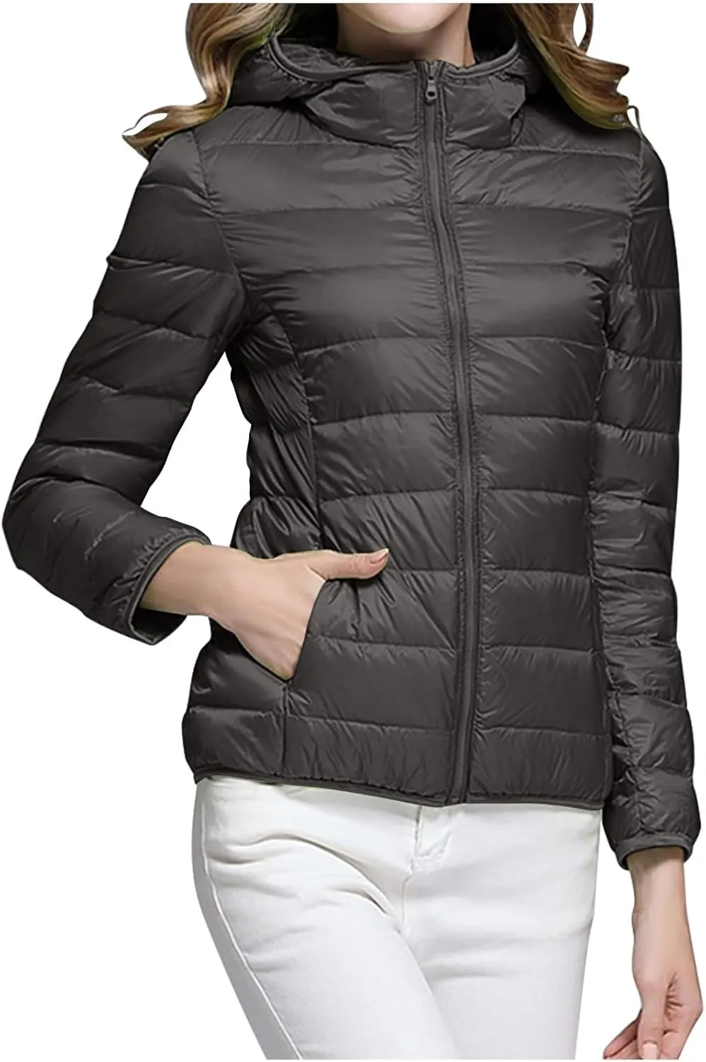 Women's Down Jacket Winter Warm Snow Coat Fashion Solid Color Long Sleeves Zipper Lightweight Cotton Parkas Jacket