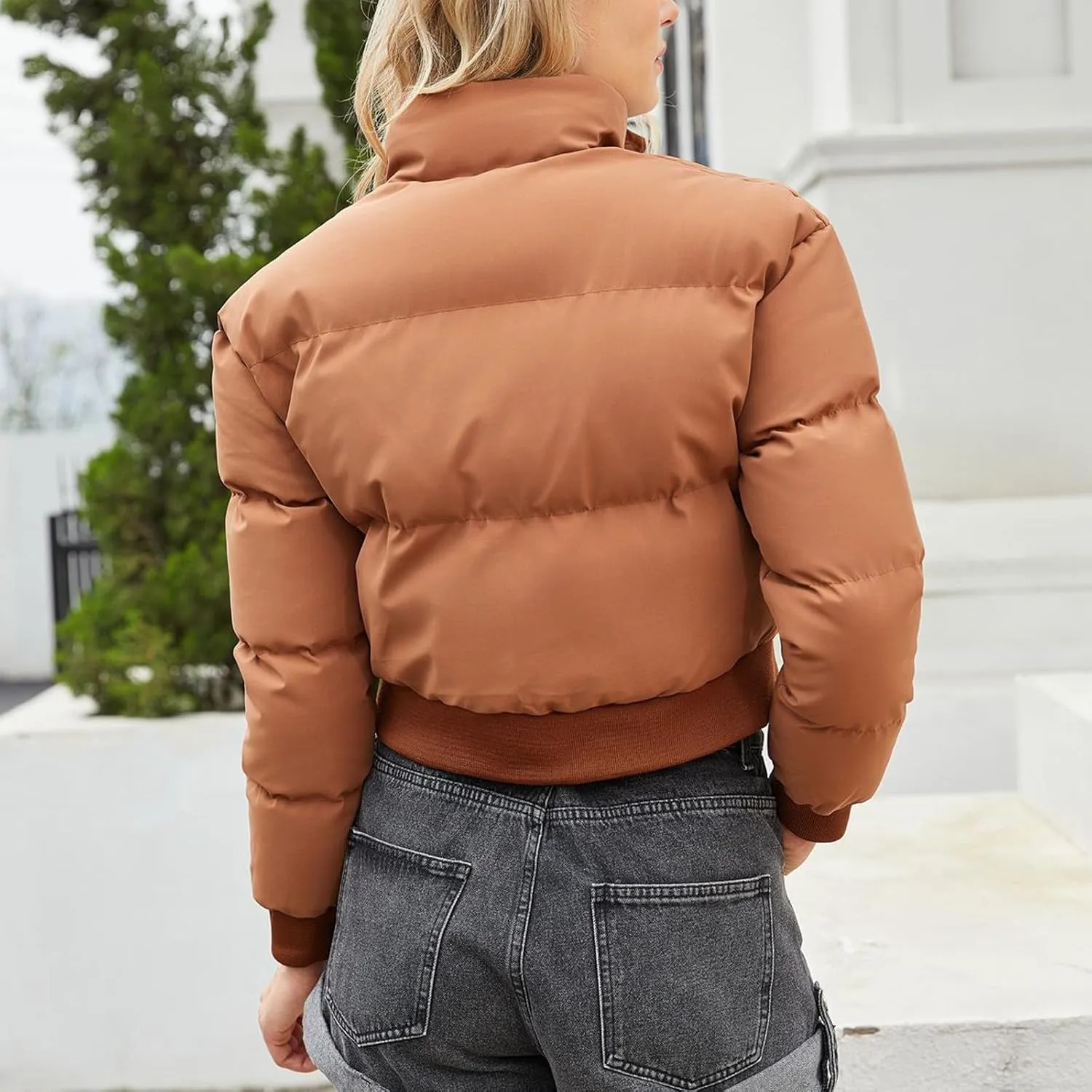 Women's Fall Winter Outfits Stand Collar Thermal Short Bread Down Jackets Long Sleeve Zip Up Fluffy Crop Cotton Coats