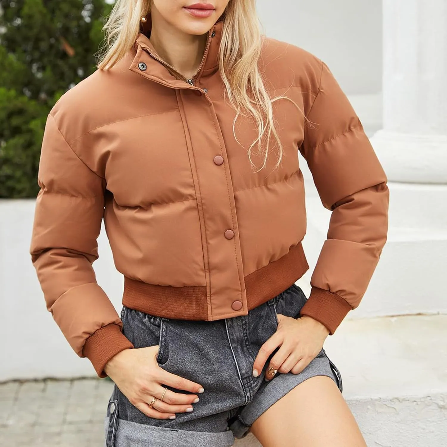 Women's Fall Winter Outfits Stand Collar Thermal Short Bread Down Jackets Long Sleeve Zip Up Fluffy Crop Cotton Coats