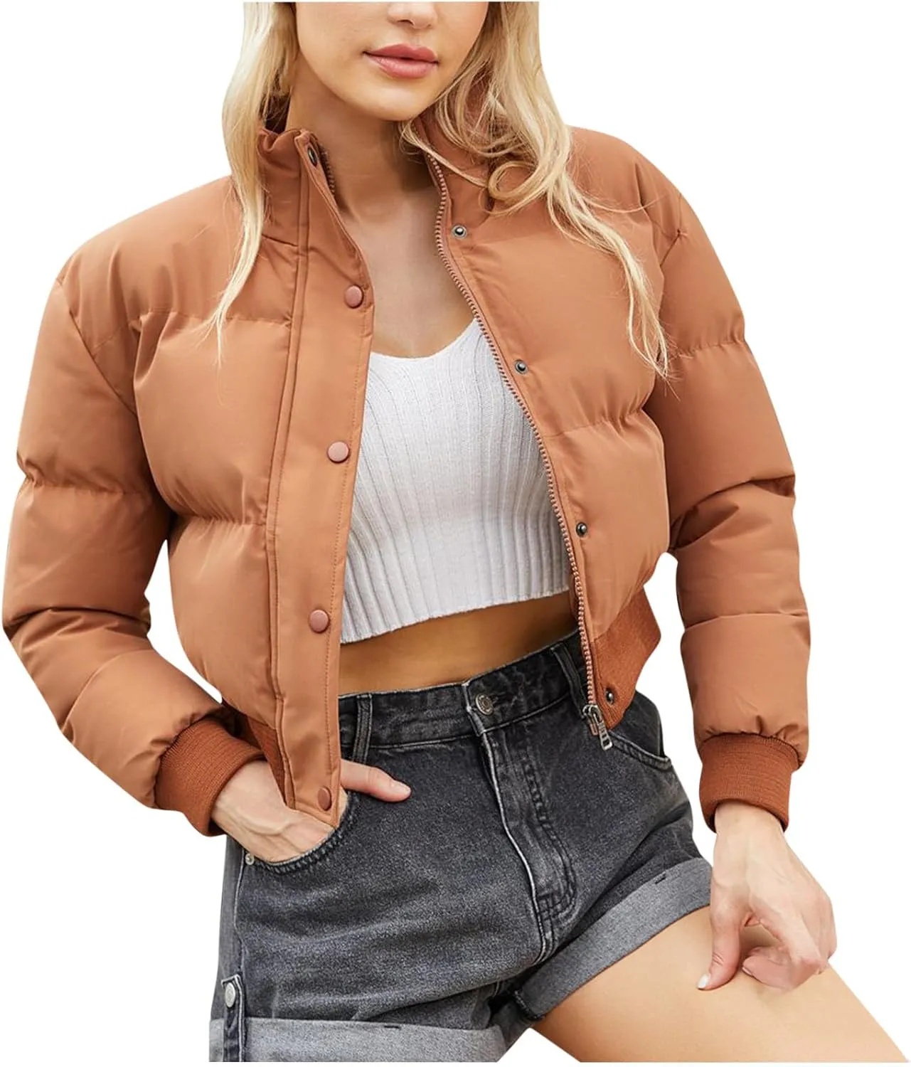 Women's Fall Winter Outfits Stand Collar Thermal Short Bread Down Jackets Long Sleeve Zip Up Fluffy Crop Cotton Coats
