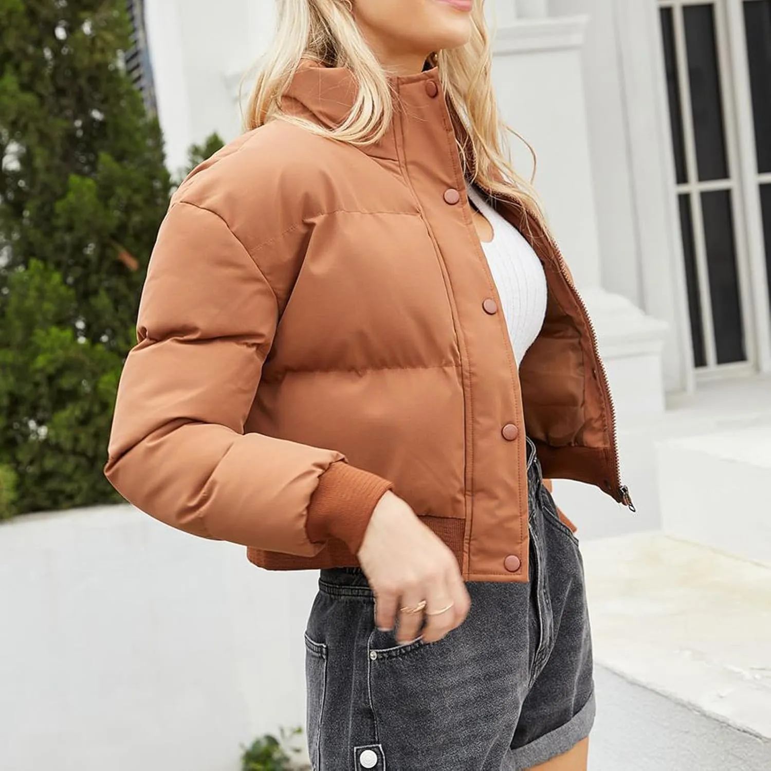 Women's Fall Winter Outfits Stand Collar Thermal Short Bread Down Jackets Long Sleeve Zip Up Fluffy Crop Cotton Coats