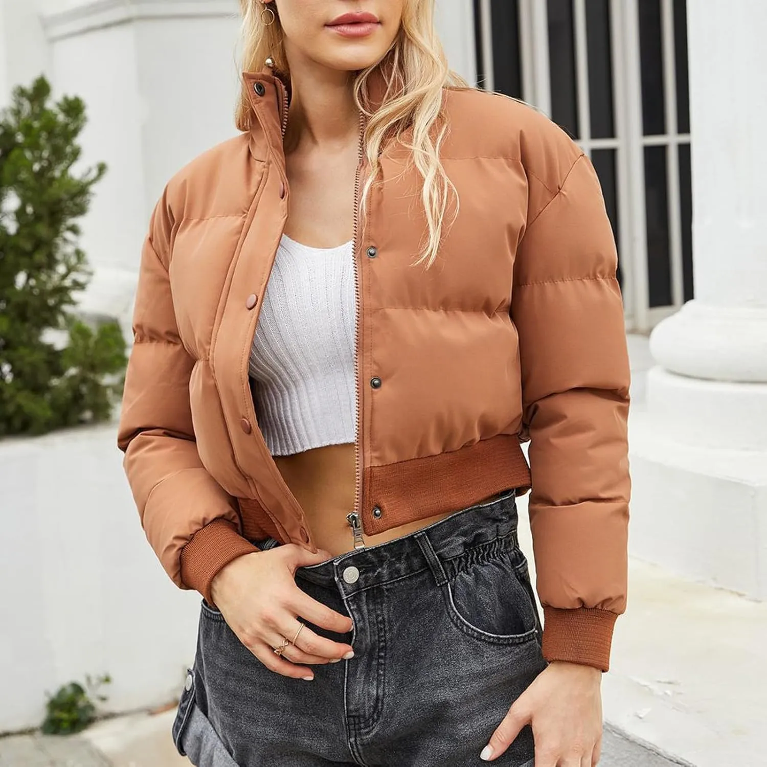 Women's Fall Winter Outfits Stand Collar Thermal Short Bread Down Jackets Long Sleeve Zip Up Fluffy Crop Cotton Coats