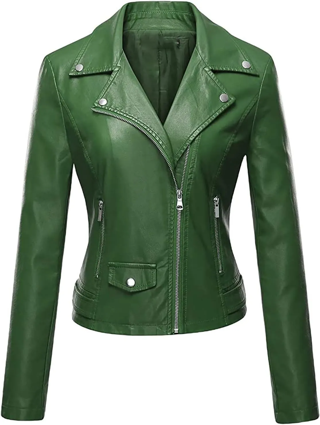 Womens Faux Leather Jackets Long Sleeve Lapel Zip Slim Fit Cropped Jacket Motorcycle Biker Coat with Zipper Pockets