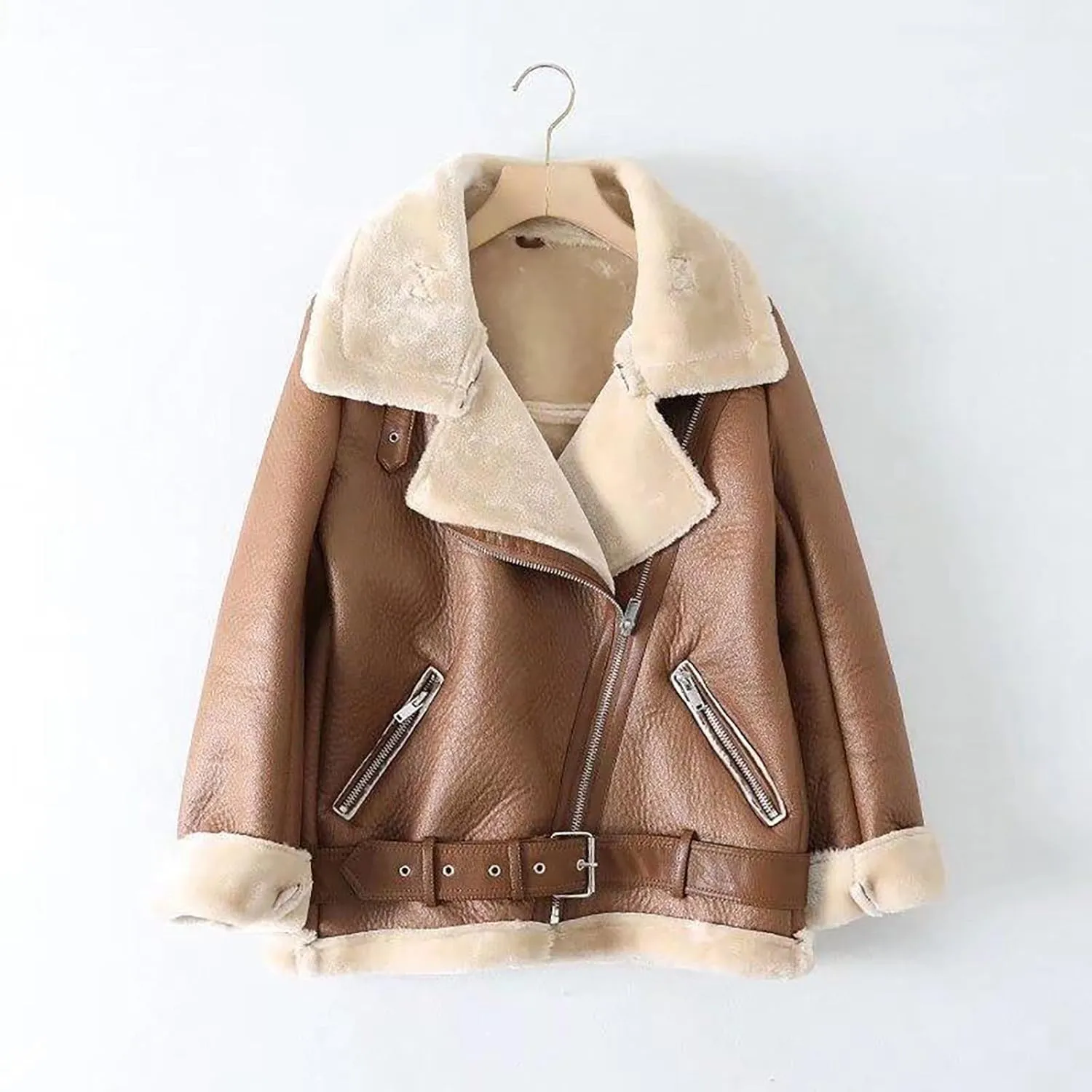 Women's Faux Leather Jackets Zip Up Motorcycle PU Moto Biker Outerwear Faux Shearing Fleece Lined Sherpa Winter Coats
