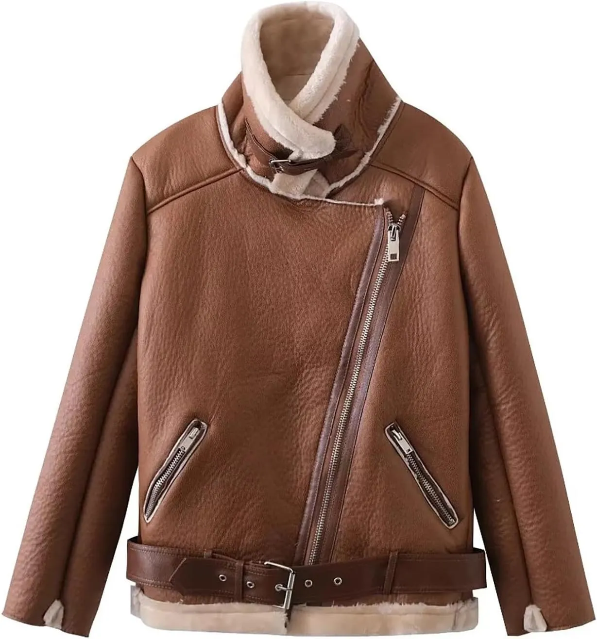 Women's Faux Leather Jackets Zip Up Motorcycle PU Moto Biker Outerwear Faux Shearing Fleece Lined Sherpa Winter Coats