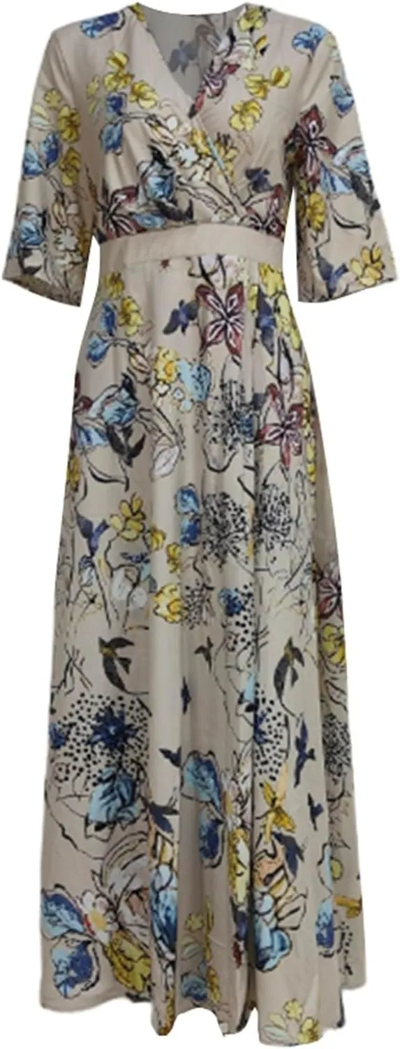 Womens Floral Printed Maxi Dress 2025 Spring Elegant V Neck Belted Long Summer Wedding Prom Cocktail Beach Dresses