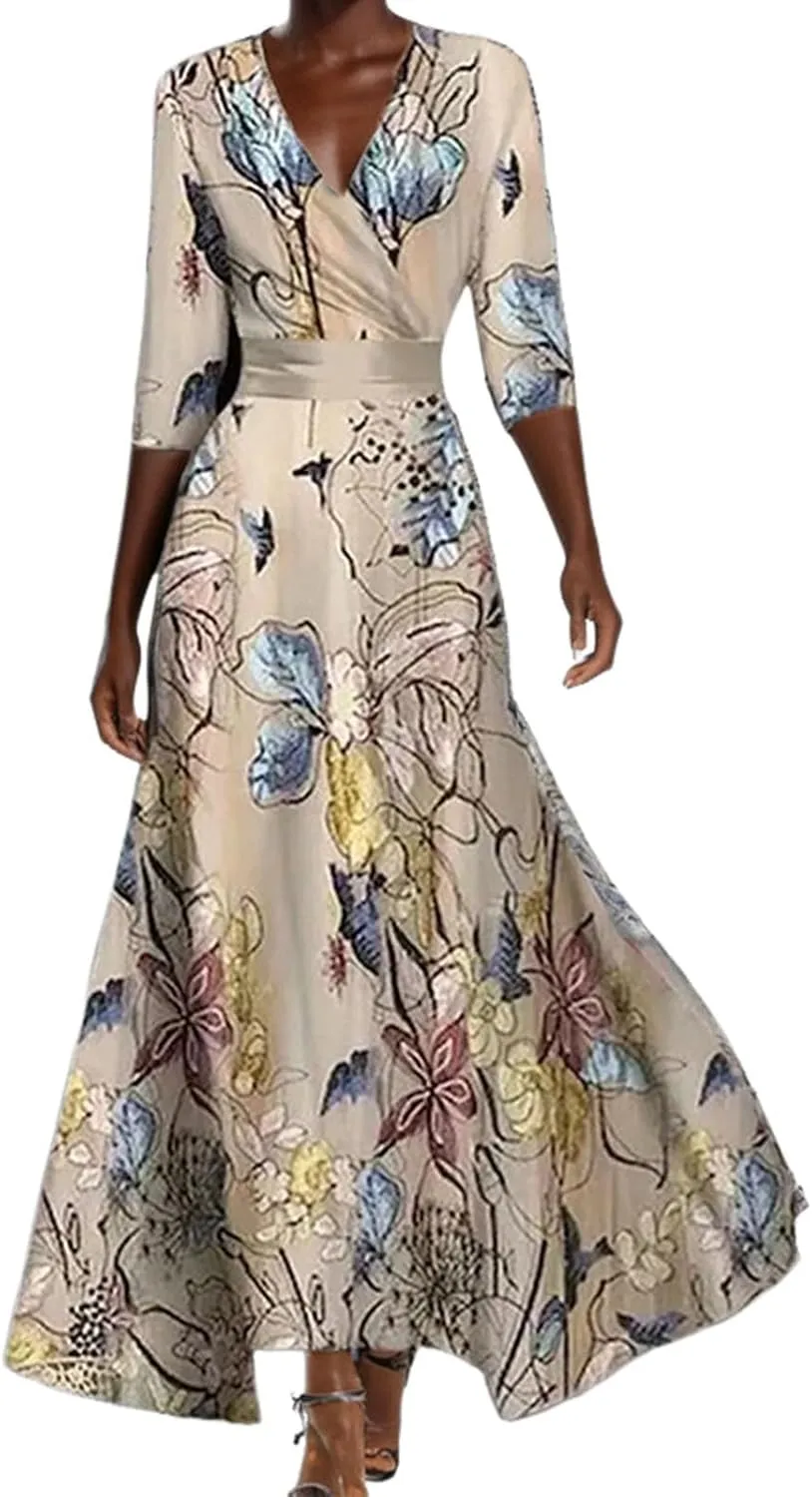 Womens Floral Printed Maxi Dress 2025 Spring Elegant V Neck Belted Long Summer Wedding Prom Cocktail Beach Dresses