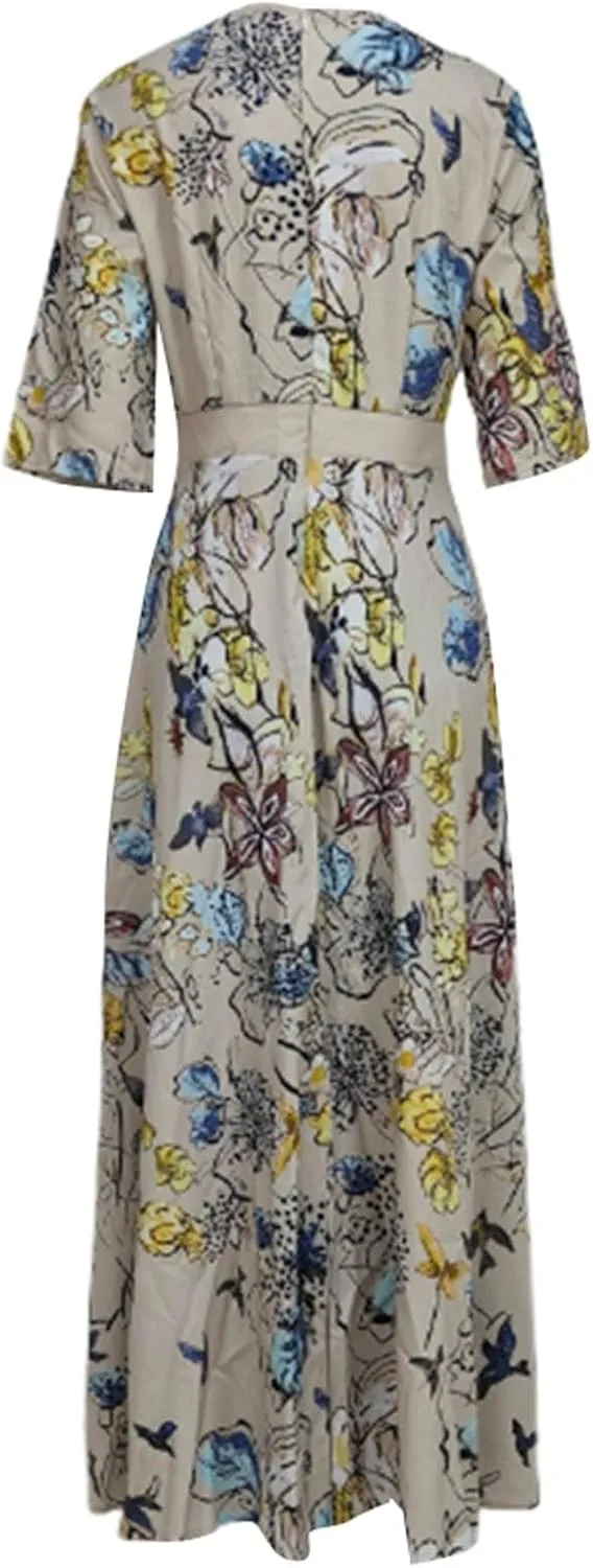 Womens Floral Printed Maxi Dress 2025 Spring Elegant V Neck Belted Long Summer Wedding Prom Cocktail Beach Dresses