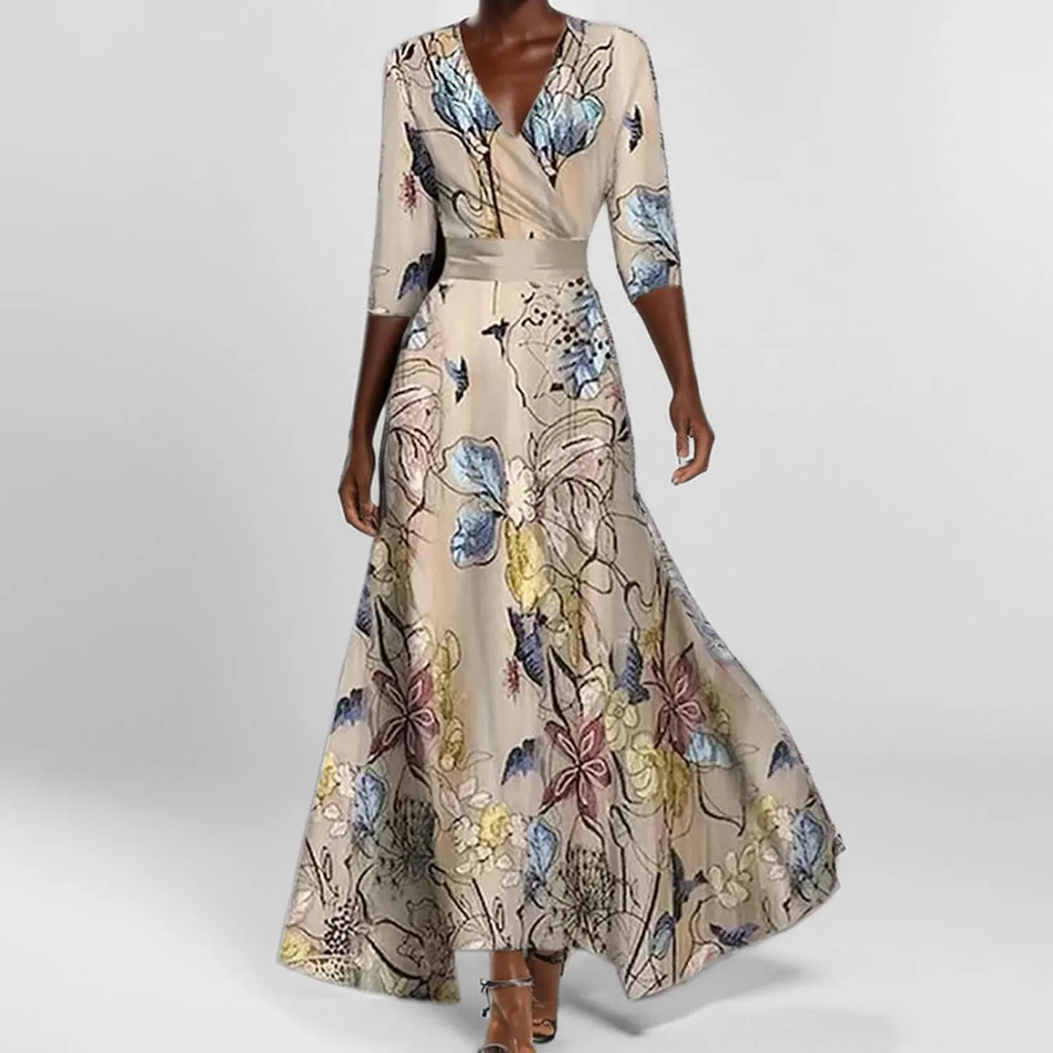 Womens Floral Printed Maxi Dress 2025 Spring Elegant V Neck Belted Long Summer Wedding Prom Cocktail Beach Dresses