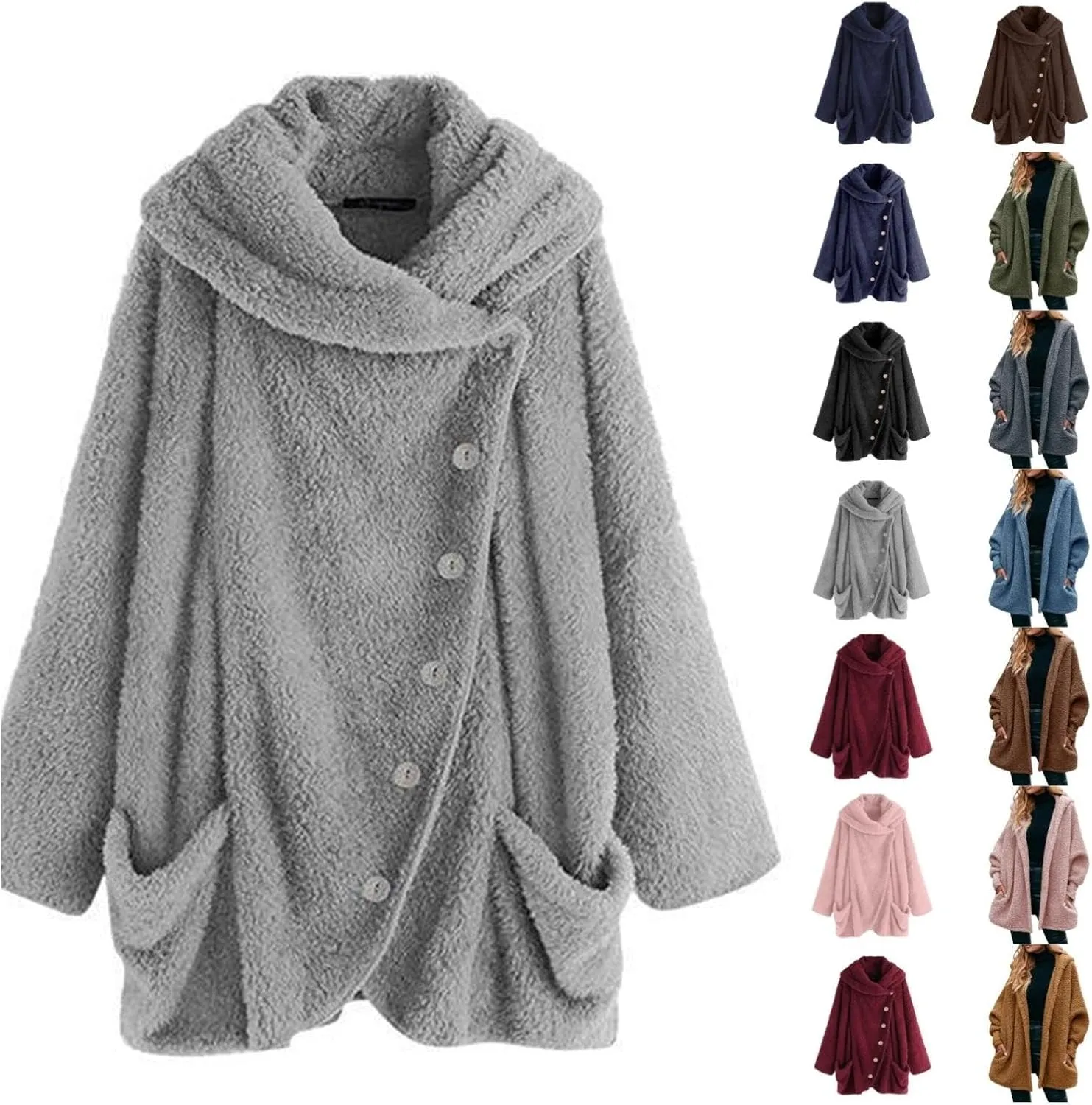 Women's Fur Coats Fashion Casual High Collar Plush Solid Color Long Sleeve With Pocket Button Jacket, S-5XL