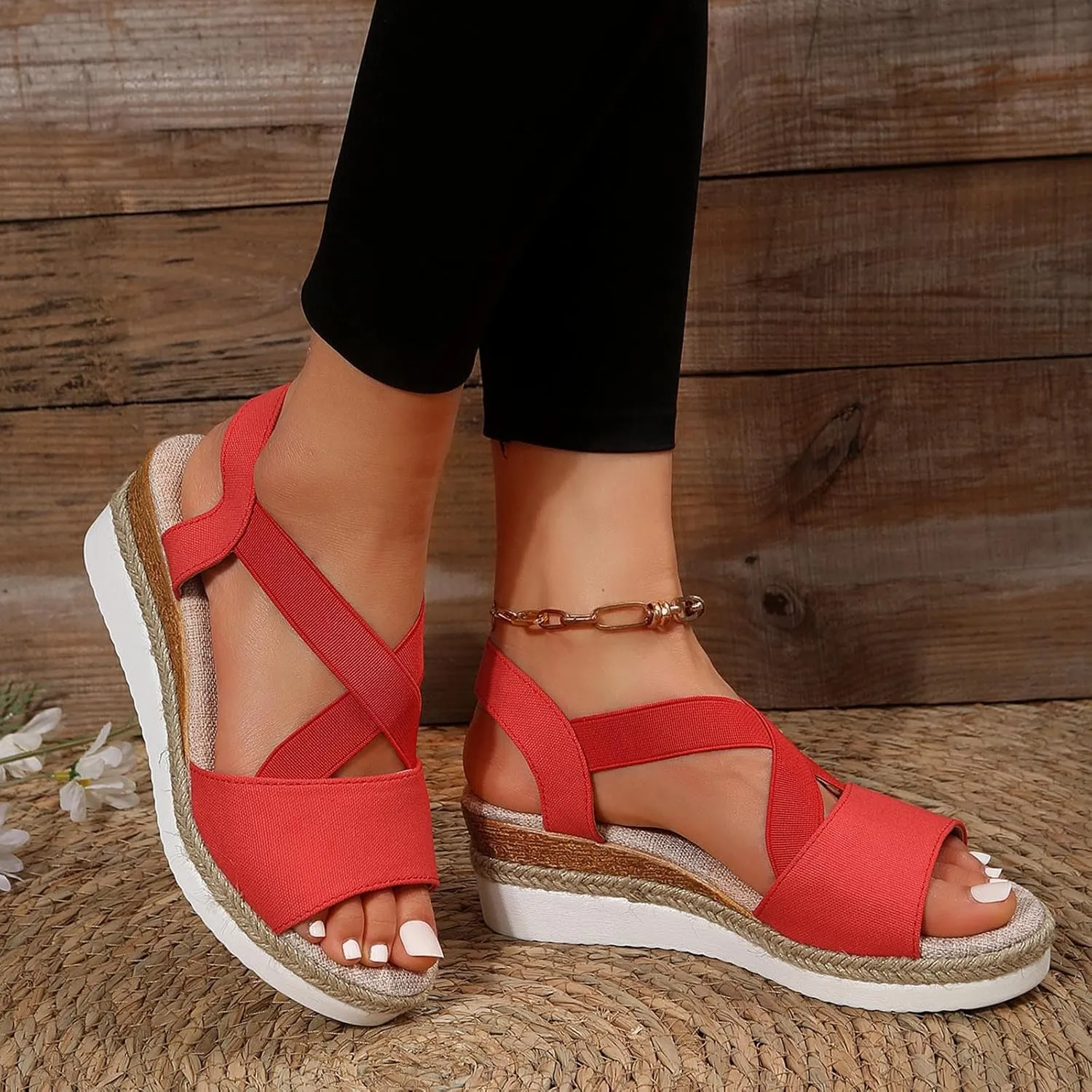 Women's High Elastic Cross Sandal Thick Strappy Open Toe Shoe Stretch Platform Flat Solid Braided Flats