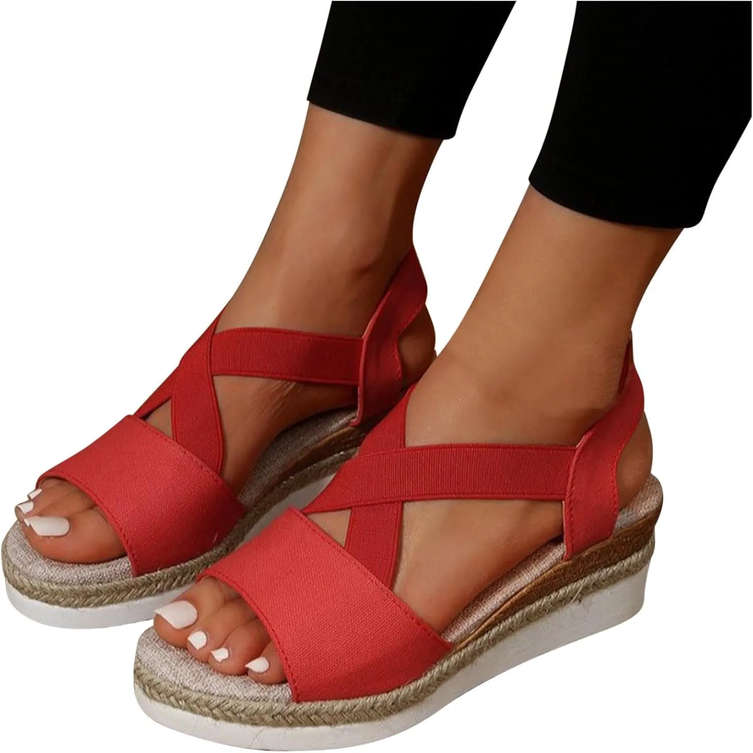 Women's High Elastic Cross Sandal Thick Strappy Open Toe Shoe Stretch Platform Flat Solid Braided Flats