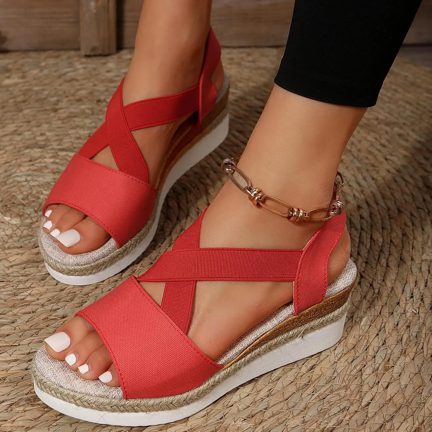 Women's High Elastic Cross Sandal Thick Strappy Open Toe Shoe Stretch Platform Flat Solid Braided Flats