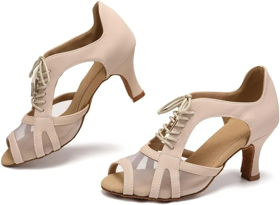 Women's Latin Dance Shoes Lace Up Ballroom Salsa Practice Performance Dancing Shoes,Model FT087-Suede Sole-3Heel