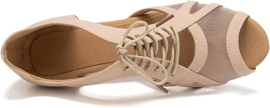 Women's Latin Dance Shoes Lace Up Ballroom Salsa Practice Performance Dancing Shoes,Model FT087-Suede Sole-3Heel