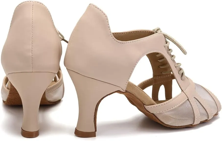Women's Latin Dance Shoes Lace Up Ballroom Salsa Practice Performance Dancing Shoes,Model FT087-Suede Sole-3Heel