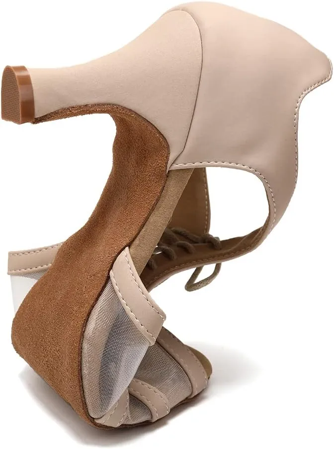 Women's Latin Dance Shoes Lace Up Ballroom Salsa Practice Performance Dancing Shoes,Model FT087-Suede Sole-3Heel