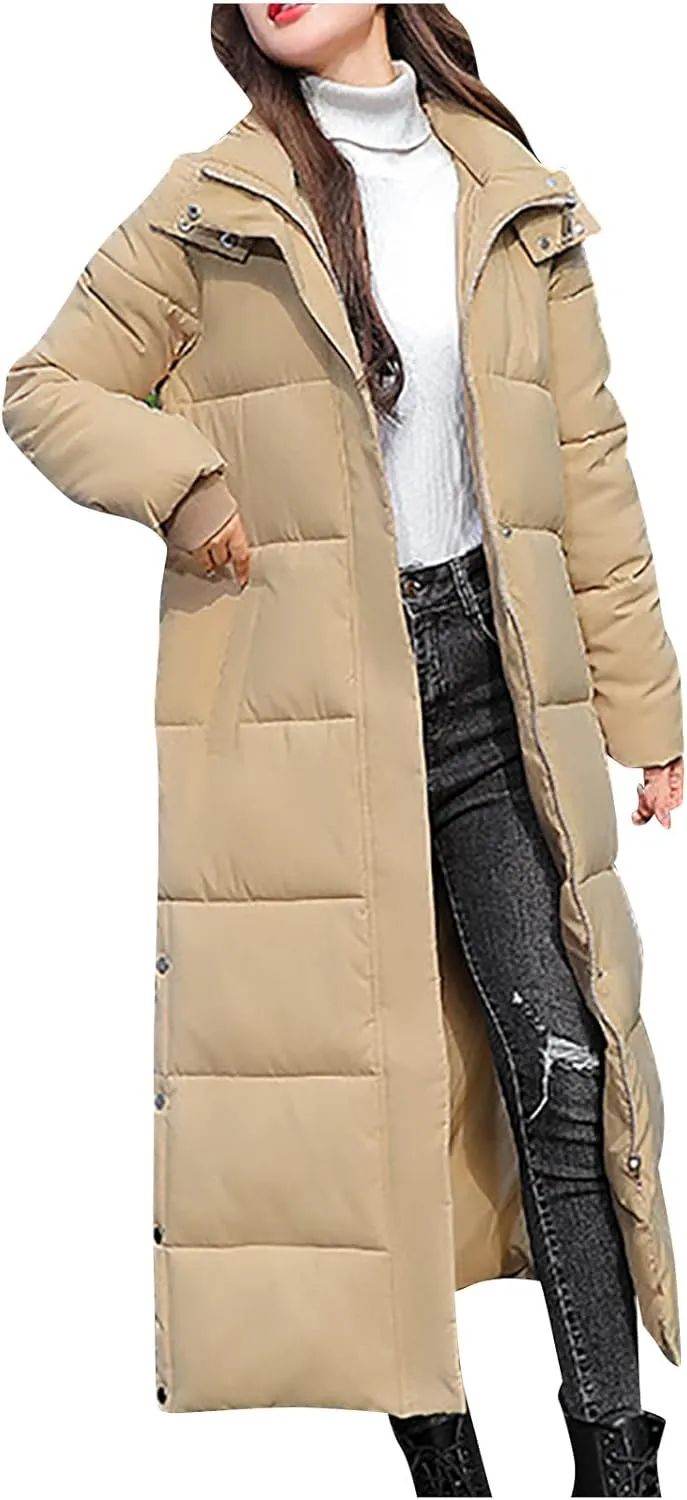 Women's Lightweight Long Quilted Coat Winter Coat Thickened Wram Puffer Jacket Hooded Side Slit Buttons Down Coats