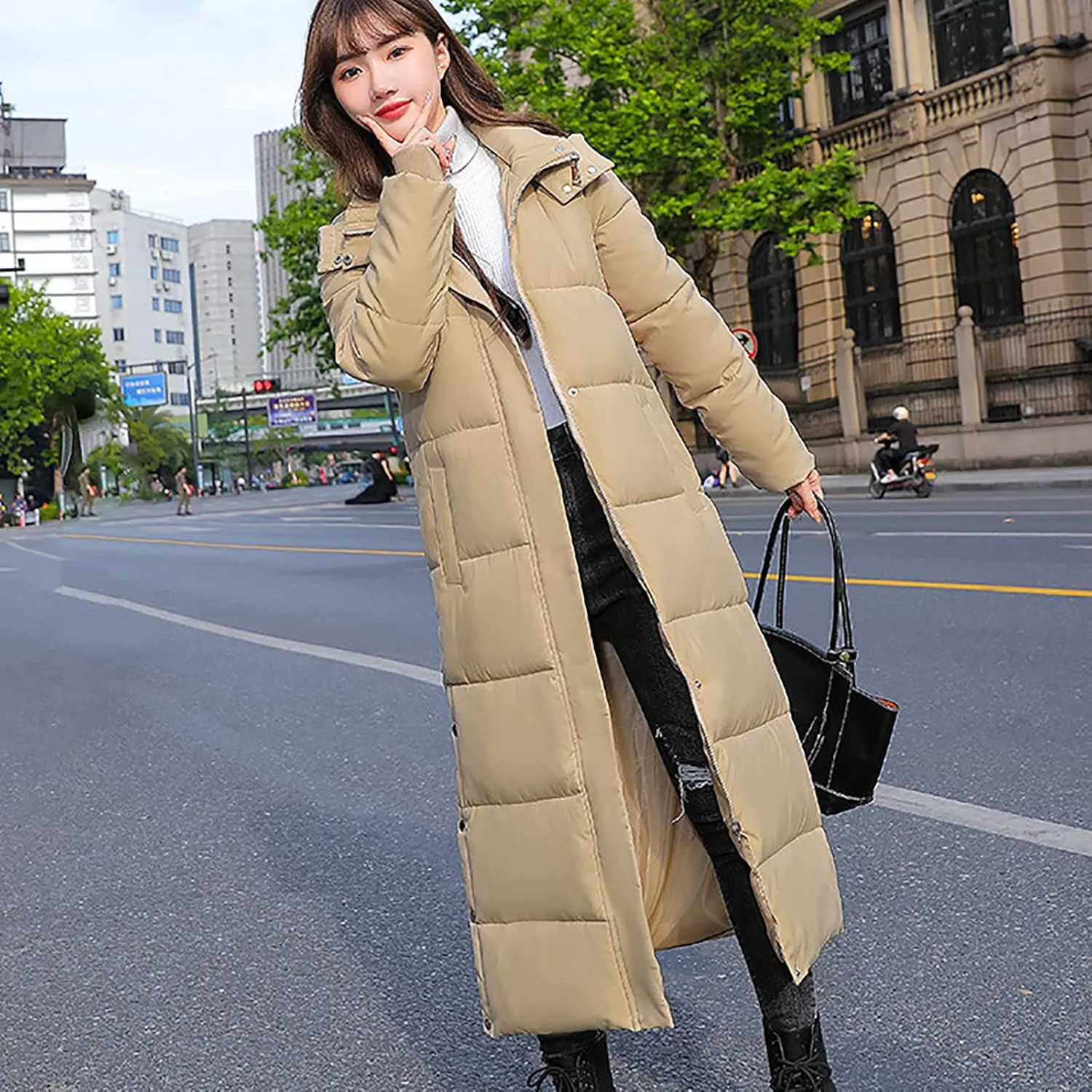 Women's Lightweight Long Quilted Coat Winter Coat Thickened Wram Puffer Jacket Hooded Side Slit Buttons Down Coats
