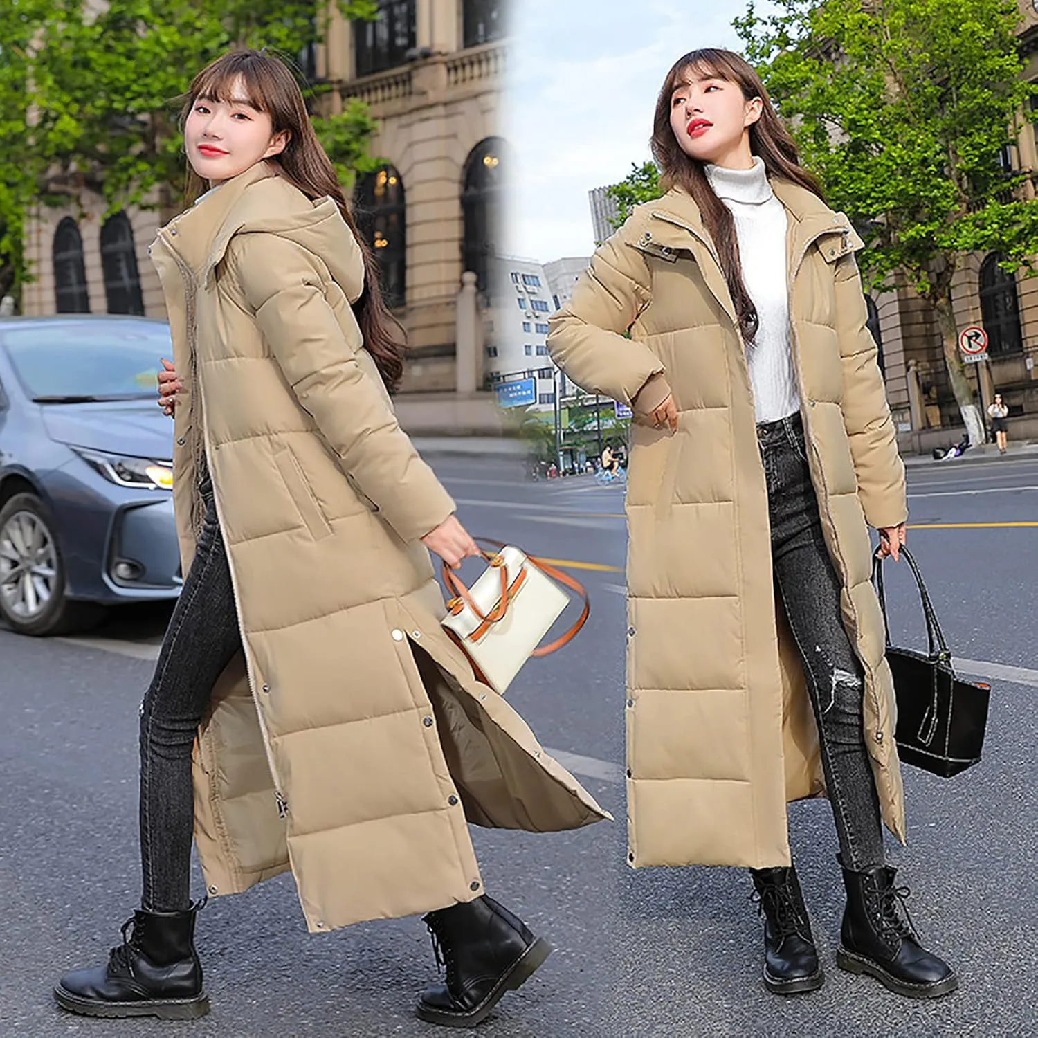 Women's Lightweight Long Quilted Coat Winter Coat Thickened Wram Puffer Jacket Hooded Side Slit Buttons Down Coats