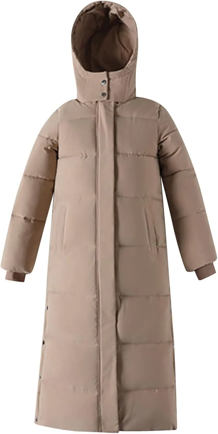Women's Lightweight Long Quilted Coat Winter Coat Thickened Wram Puffer Jacket Hooded Side Slit Buttons Down Coats