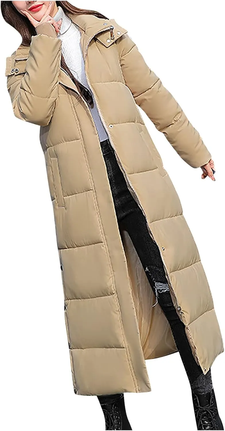 Women's Lightweight Long Quilted Coat Winter Coat Thickened Wram Puffer Jacket Hooded Side Slit Buttons Down Coats