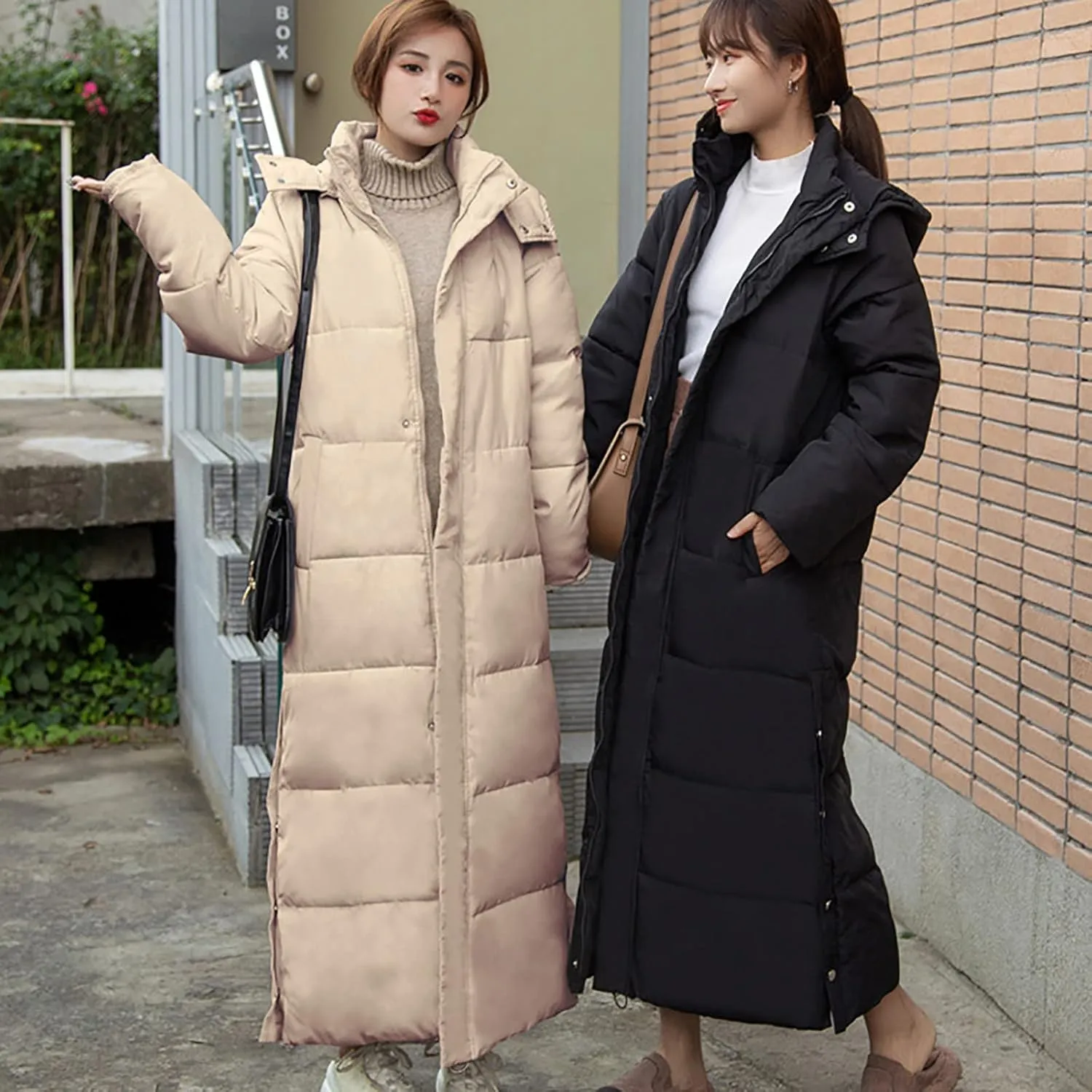 Women's Lightweight Long Quilted Coat Winter Coat Thickened Wram Puffer Jacket Hooded Side Slit Buttons Down Coats