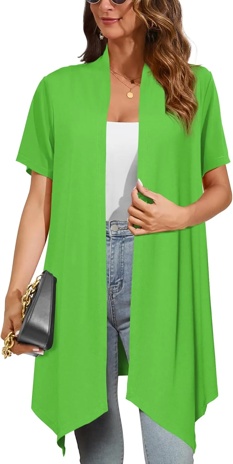 Women's Lightweight Open Front Cardigans Short Sleeve Casual Soft Drape Spring Summer Fall Cardigan S-3XL
