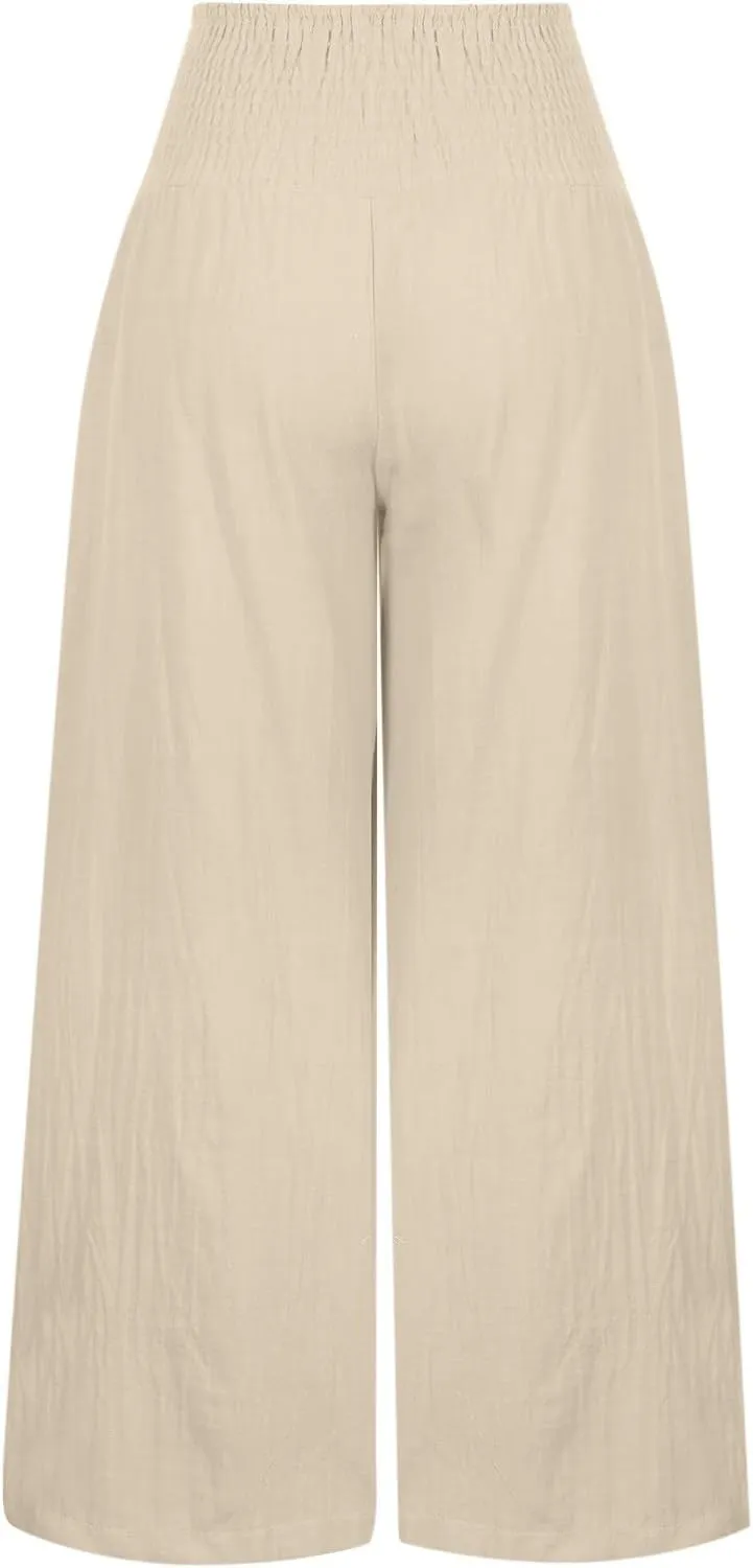 Women's Linen Pants, Summer Fall Wide Leg Palazzo Pants High Waisted Drawstring Leg Capri Pants Cotton Trousers with Pocket