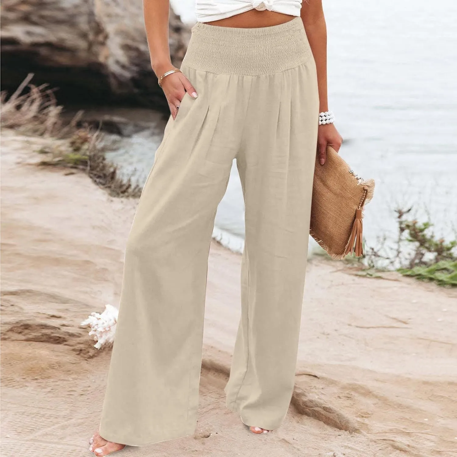 Women's Linen Pants, Summer Fall Wide Leg Palazzo Pants High Waisted Drawstring Leg Capri Pants Cotton Trousers with Pocket