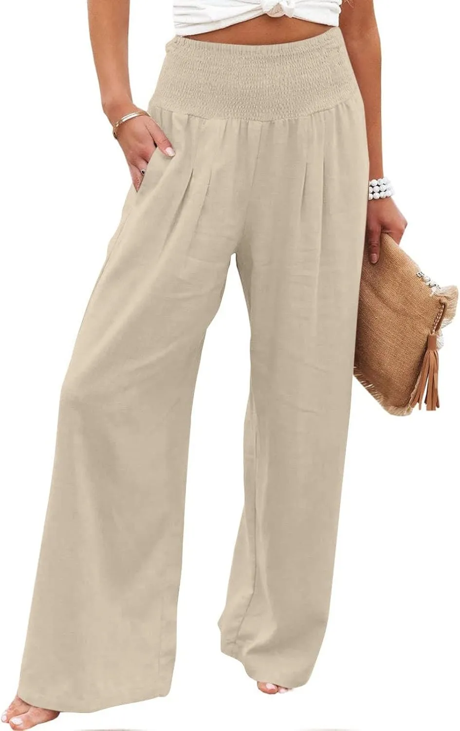 Women's Linen Pants, Summer Fall Wide Leg Palazzo Pants High Waisted Drawstring Leg Capri Pants Cotton Trousers with Pocket