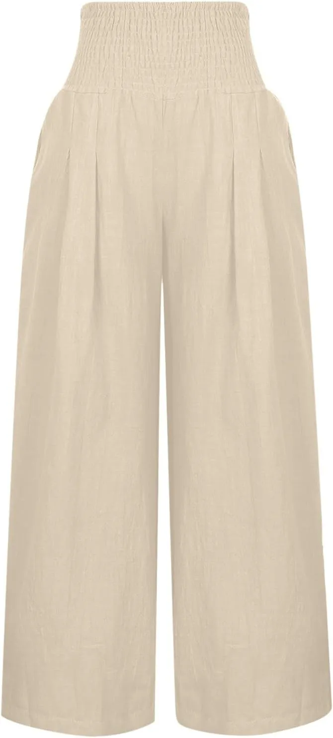 Women's Linen Pants, Summer Fall Wide Leg Palazzo Pants High Waisted Drawstring Leg Capri Pants Cotton Trousers with Pocket