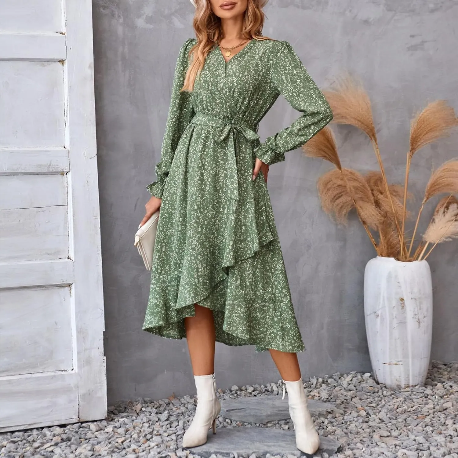 Women's Long Sleeve Maxi Dress V Neck Boho Floral Print High Waist Dress Casual Flowy Ruffle 2024 Fall Winter Dresses