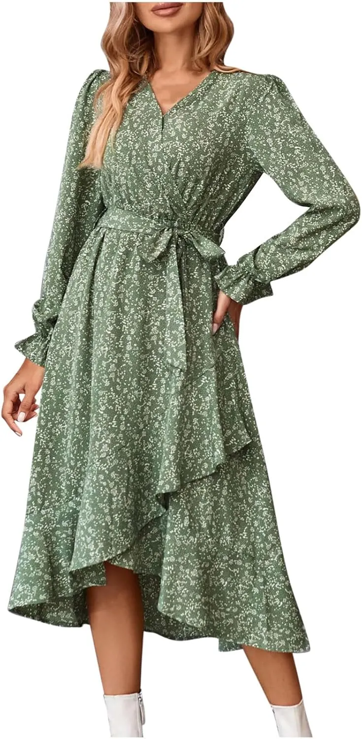 Women's Long Sleeve Maxi Dress V Neck Boho Floral Print High Waist Dress Casual Flowy Ruffle 2024 Fall Winter Dresses