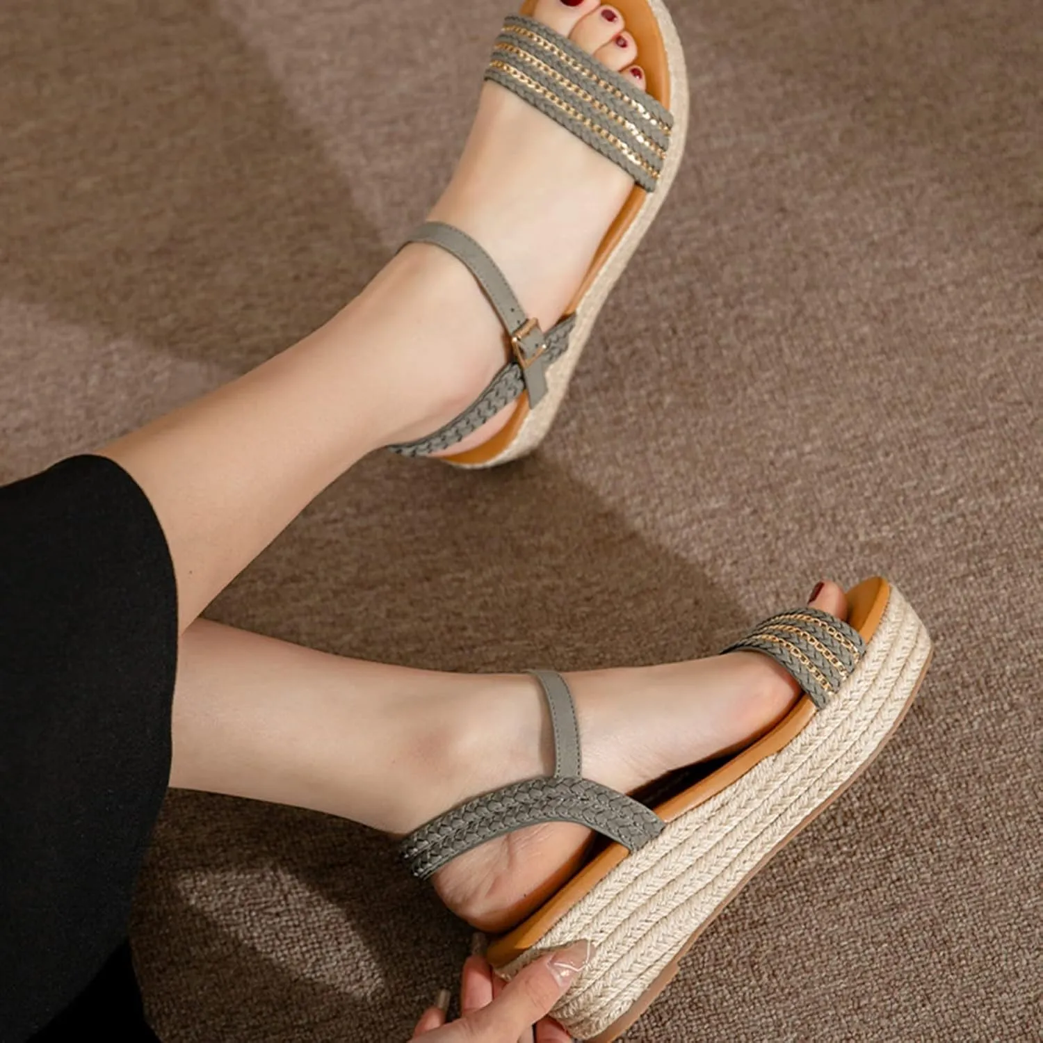 Womens Open Toe Buckle Ankle Strap Espadrilles Casual Flatform Wedge Sandals, Summer Espadrille Platform Sandals for Women Dressy Comfortable Beach Dress Shoes
