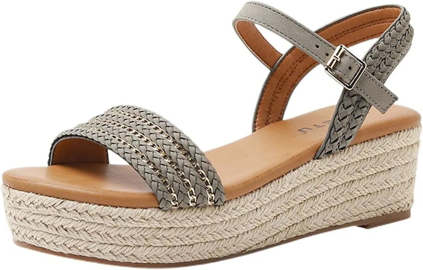 Womens Open Toe Buckle Ankle Strap Espadrilles Casual Flatform Wedge Sandals, Summer Espadrille Platform Sandals for Women Dressy Comfortable Beach Dress Shoes