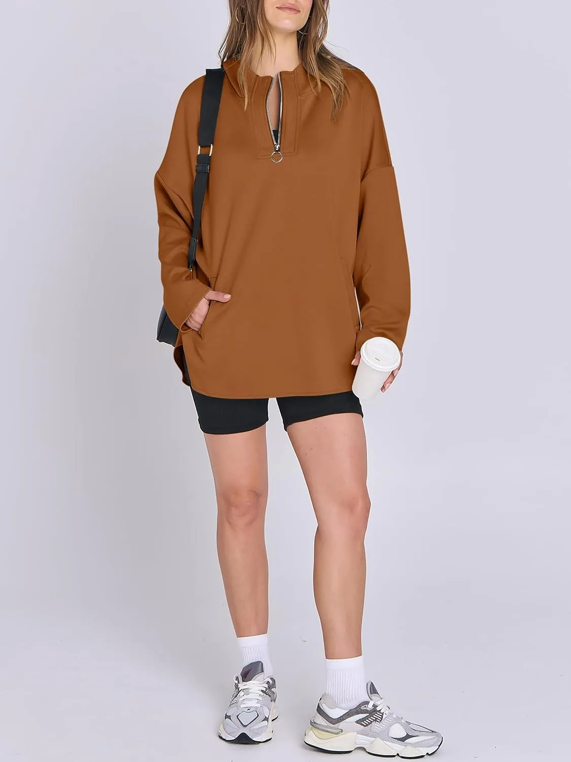 Womens Oversized Hoodie Quarter Zip Sweatshirts 2024 Fall Tunic Pullover Top Trendy Teen Girls Preppy Clothes